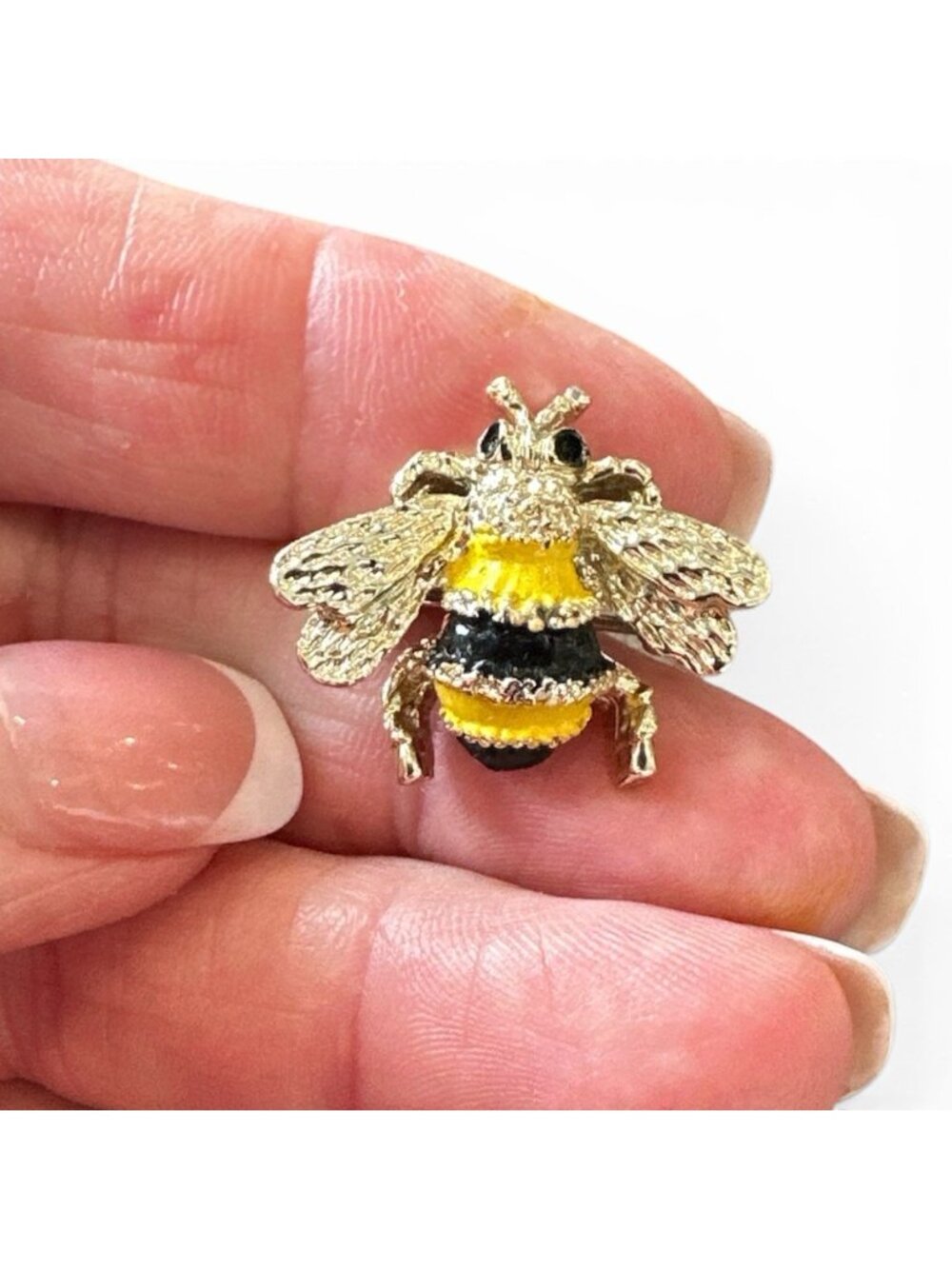 Bumble Bee Wings Pin Brooch Gold Tone Black Enamel Vintage Signed 1”